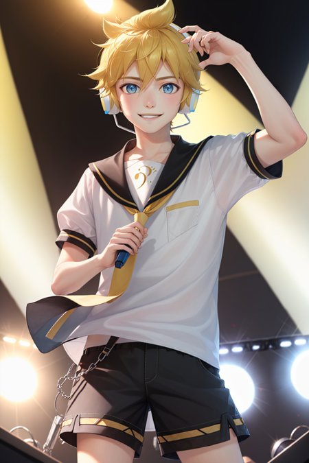 00024-3482401575-(masterpiece, best quality_1.2), , cowboy shot, solo, male focus, 1boy, kagamine len, smile, looking at viewer, headphones, whit.jpg